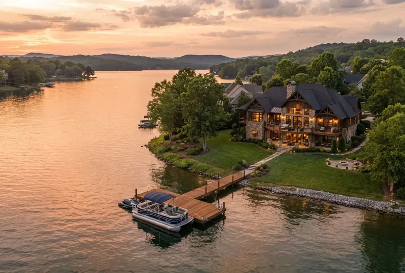 Lakefront home with custom boat dock on Fort Loudoun Lake at golden hour