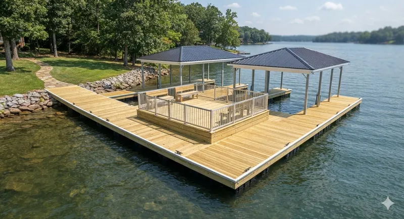 Newly constructed wooden boat dock with aluminum railings on a Tennessee lake