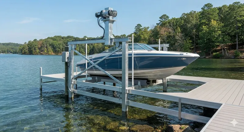 Vertical boat lift with recreational boat on residential dock