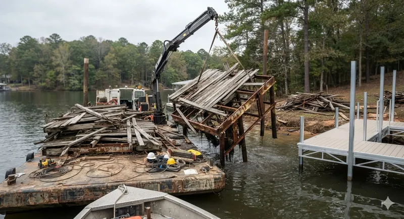 Old dock being removed from lake shoreline with work barge