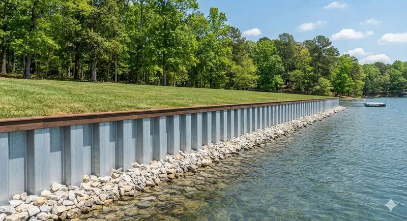 Newly constructed steel seawall along lakefront property