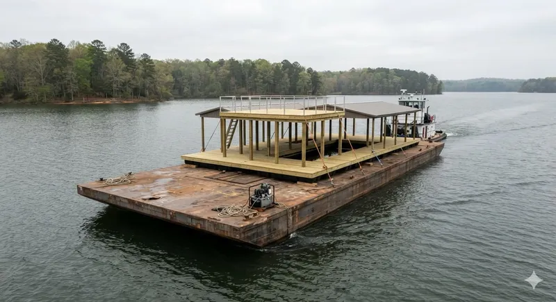 Boat dock being transported on a barge across a Tennessee lake