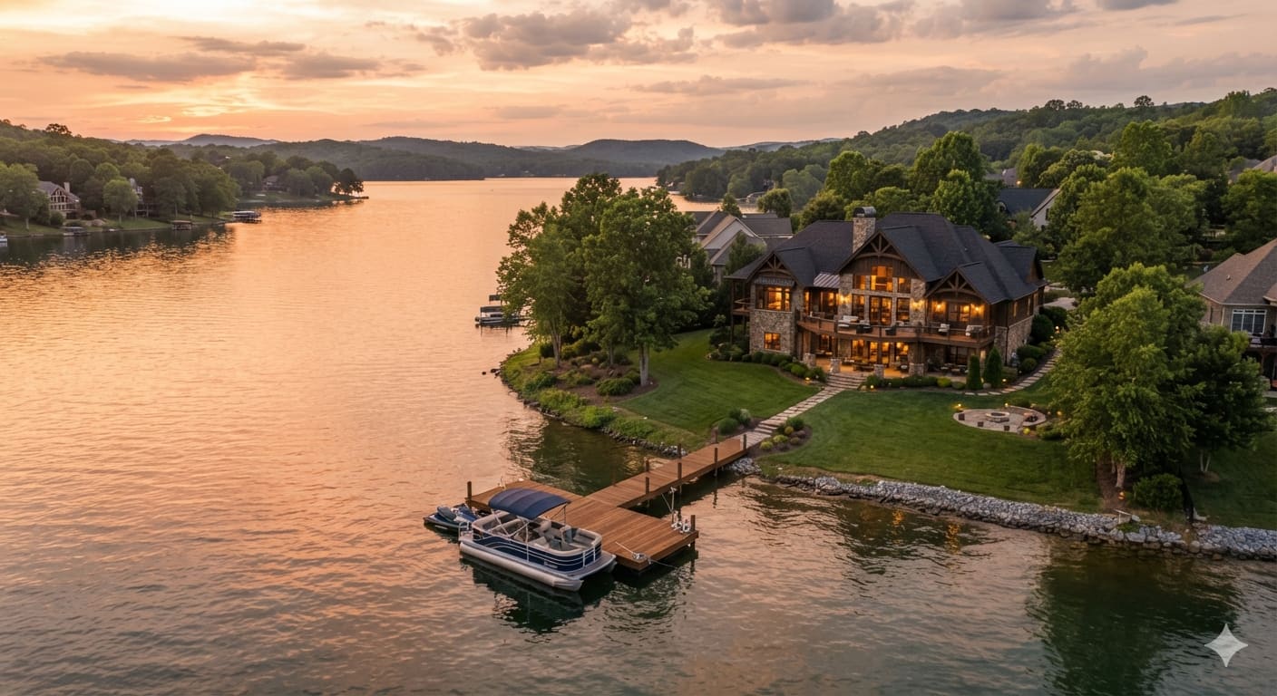 Lakefront home with custom boat dock on Fort Loudoun Lake at golden hour