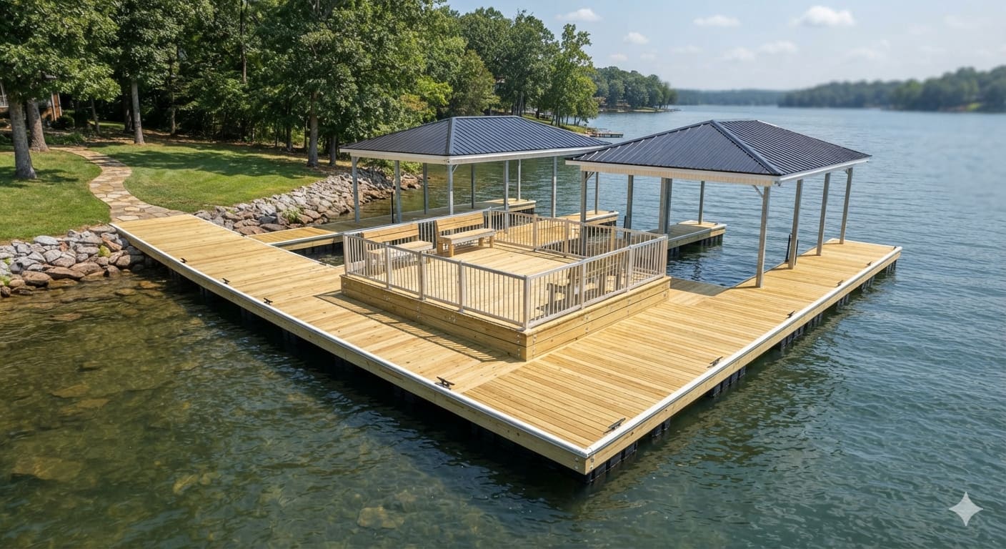Newly constructed wooden boat dock with aluminum railings on a Tennessee lake