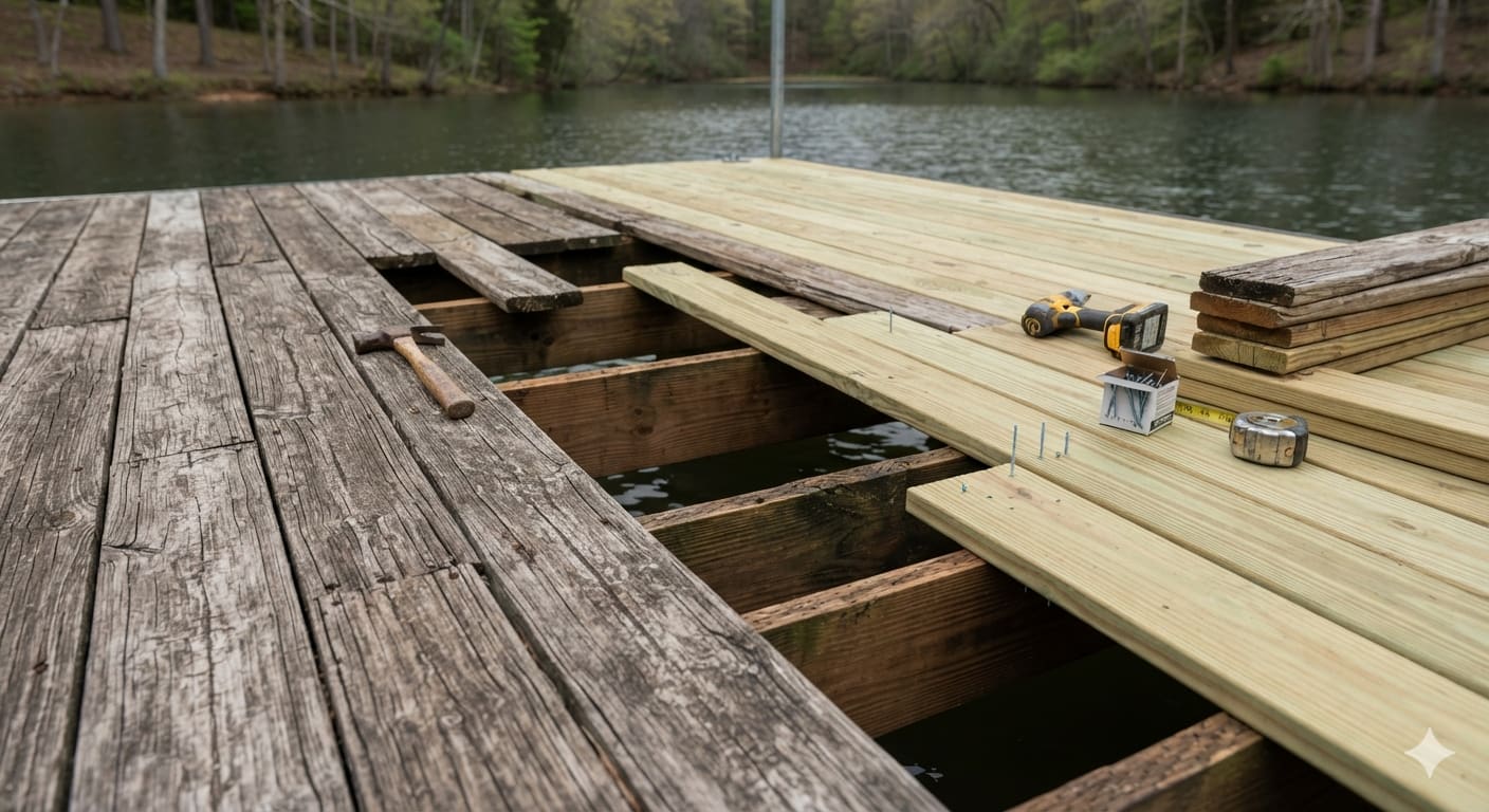 Boat dock repair with new decking replacing weathered planks