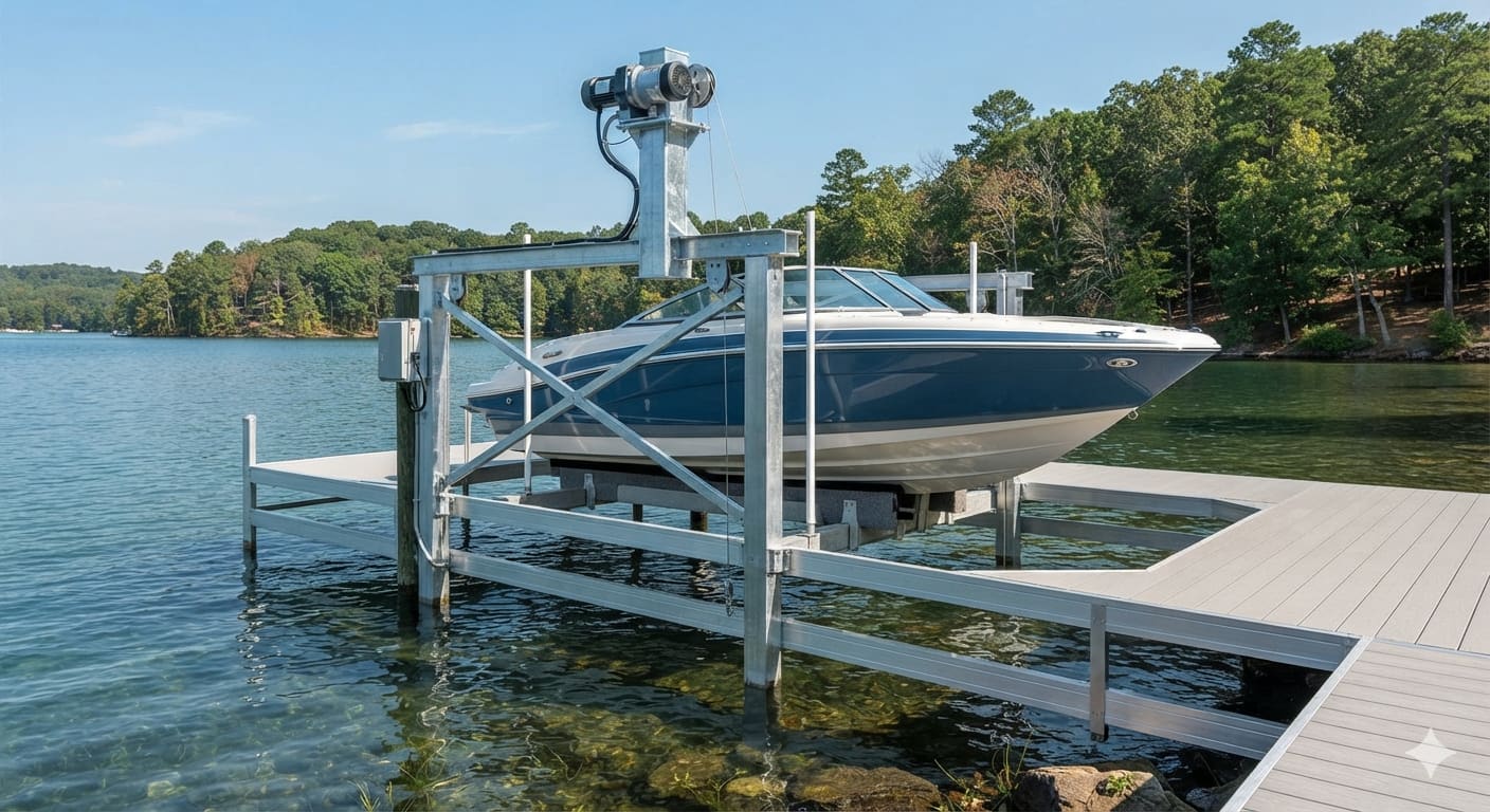 Vertical boat lift with recreational boat on residential dock