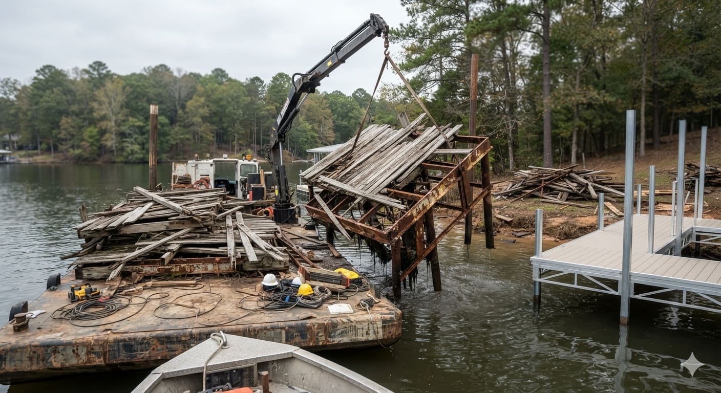 Old dock being removed from lake shoreline with work barge
