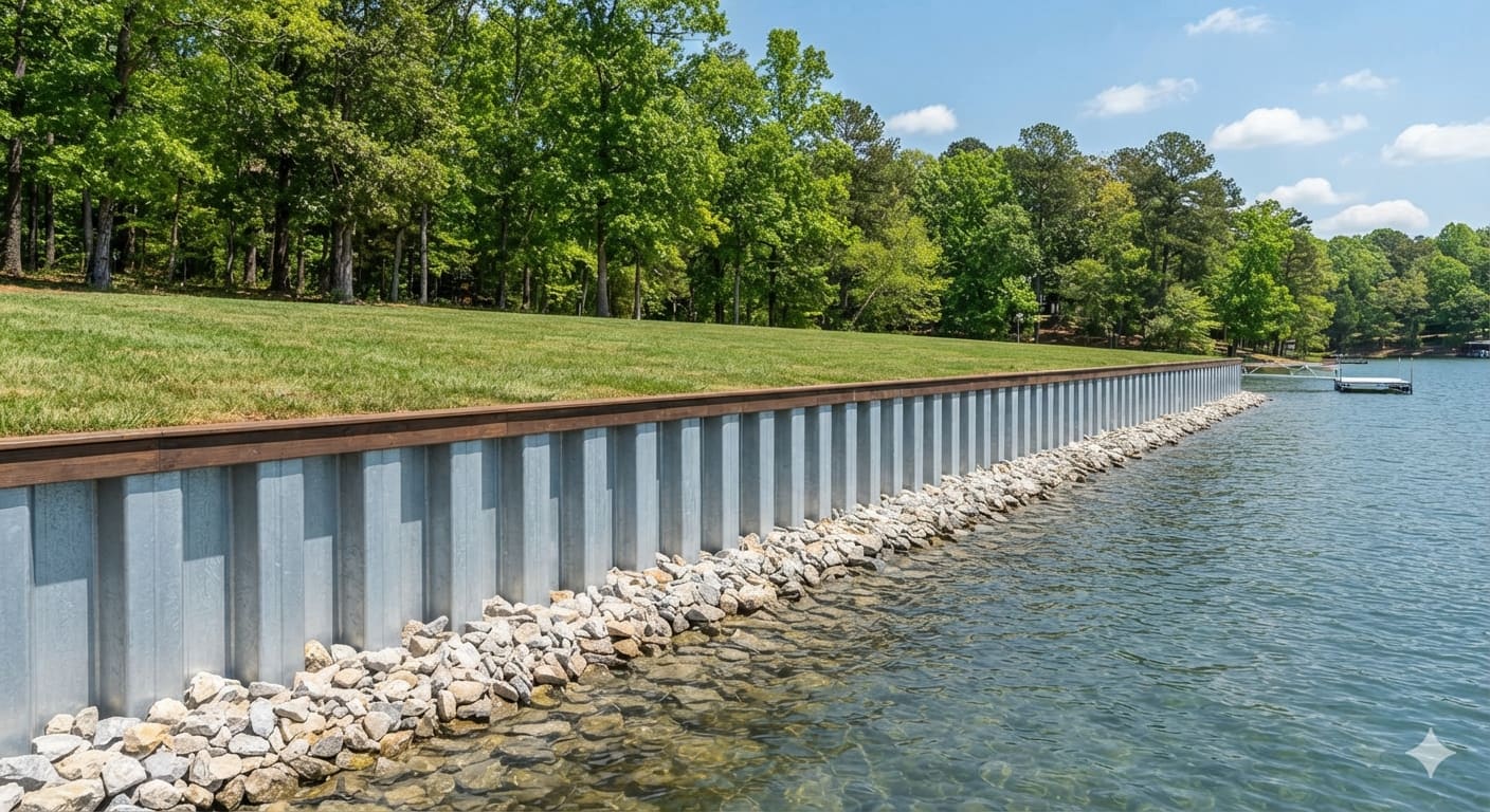 Newly constructed steel seawall along lakefront property