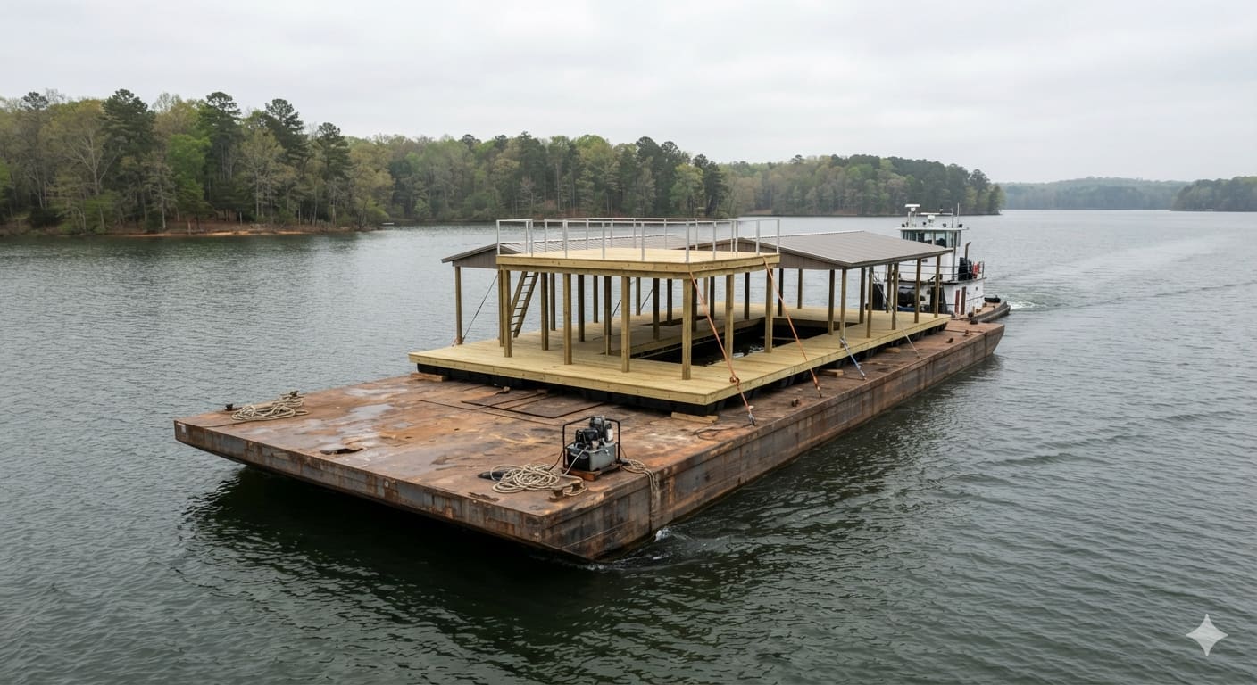 Boat dock being transported on a barge across a Tennessee lake